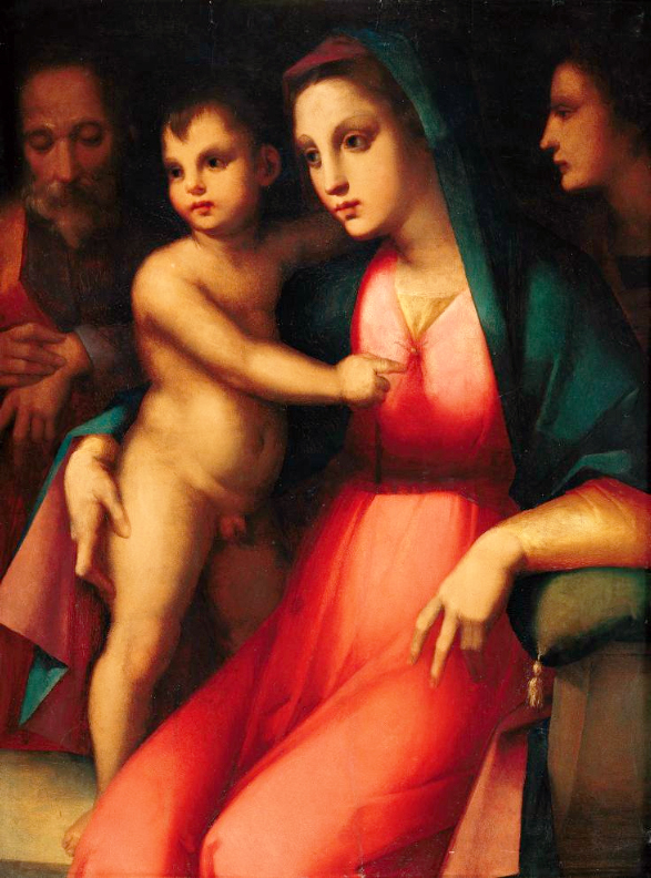 Andrea del Brescianino  (documentato a Siena dal 1506 al 1524, a Firenze dal 1525)Sacra famiglia con un angelo, 1525 circa olio su tavola, cm. 87,5×65