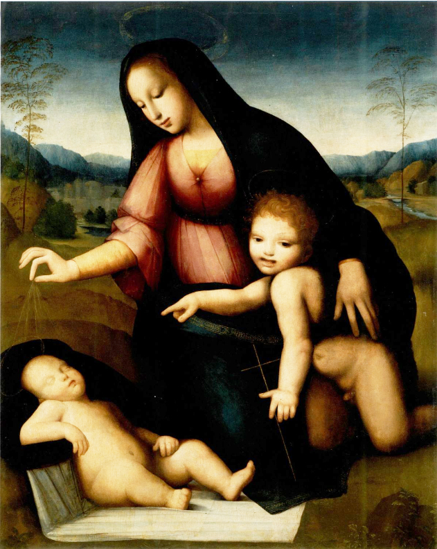 Andrea del Brescianino (documentato a Siena dal 1506 al 1524, a Firenze dal 1525)   Madonna del velo, 1520 circa  Olio su tavola trasportato su tela, cm. 109×89,4