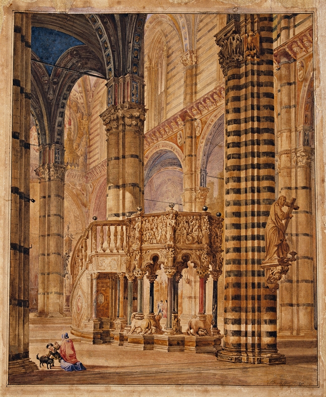 Alessandro Maffei (1811-1859) Interno del Duomo di Siena, Il pulpito di Nicola Pisano, 1844 acquarello su carta, cm. 32×26