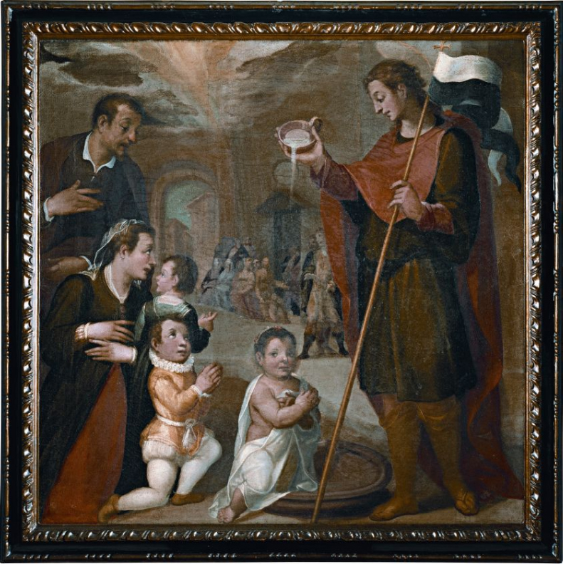 Vincenzo Rustici (Siena 1557-1632)  Sant’Ansano battezza una bambina, 1580 circa  Olio su tela, cm. 99,5×99,5