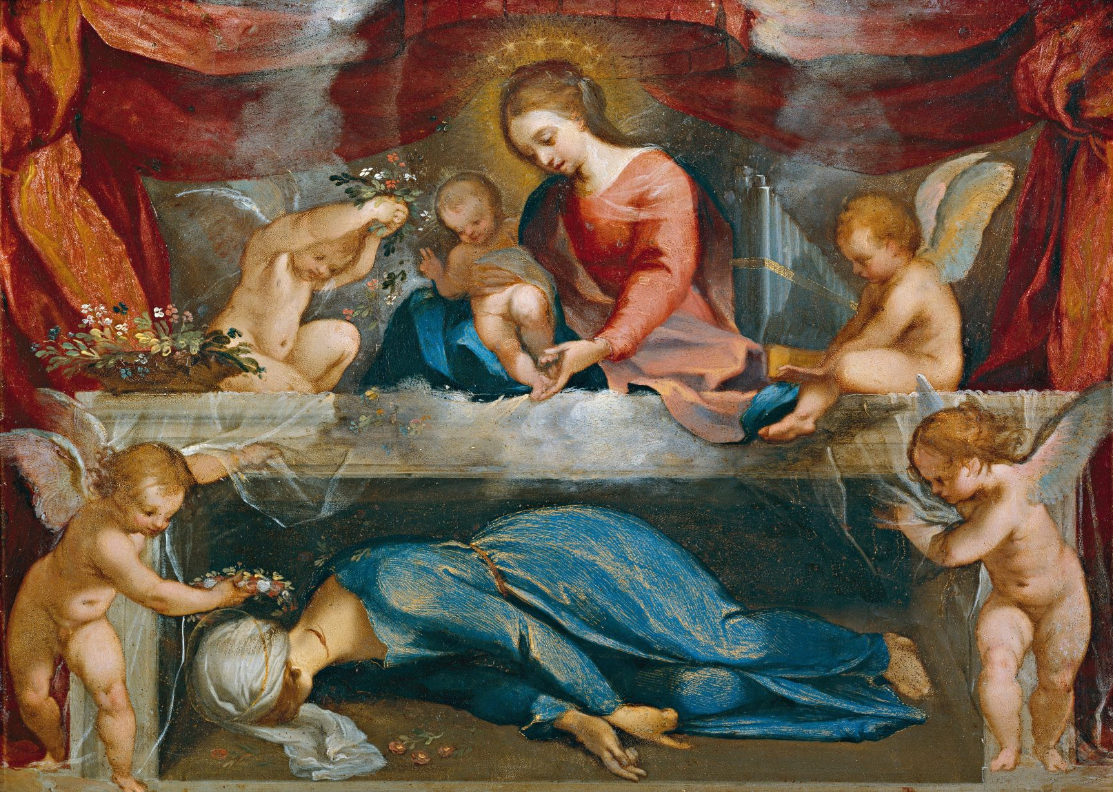 Ventura Salimbeni, (Siena, 1568-1613)  Santa Cecilia nel sepolcro assistita dalla Madonna col Bambino e da quattro angeli Olio su rame, cm 26,8 x 38,7