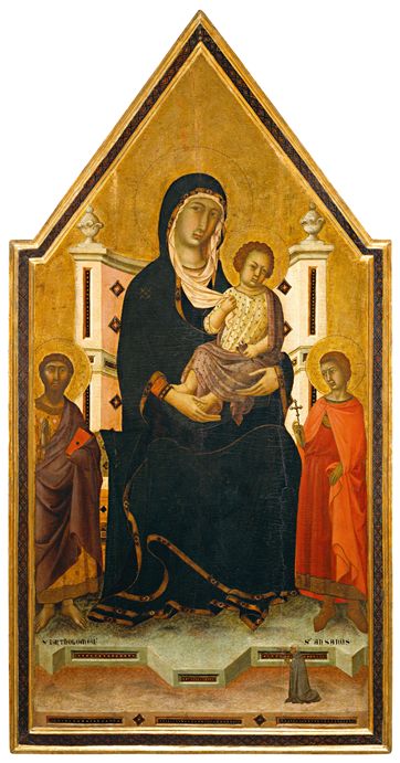 Segna di Bonaventura (Siena, notizie dal 1298 al 1327) Madonna con il bambino in trono, san Bartolomeo, sant’Ansano e una donatrice, 1318-20 Tempera e oro su tavola, cm. 166×81,5