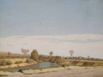 Memo Vagaggini (Santa Fiora, 1892 – Firenze 1955) Paesaggio maremmano Olio su compensato, cm 31,2 x 40,8 Firmato e datato in basso a destra “Vagaggini 1929”.  1929