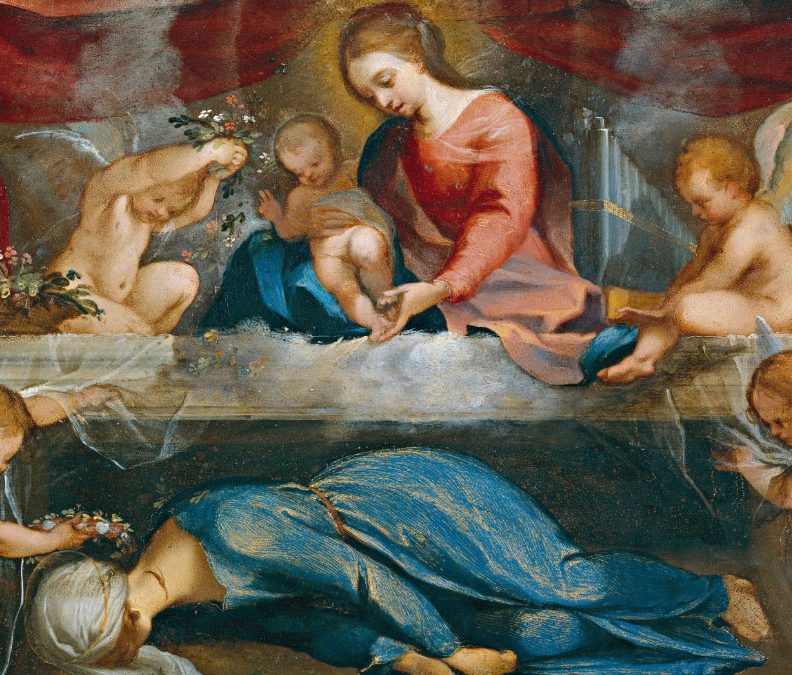 Ventura Salimbeni, (Siena, 1568-1613)  Santa Cecilia nel sepolcro assistita dalla Madonna col Bambino e da quattro angeli Olio su rame, cm 26,8 x 38,7